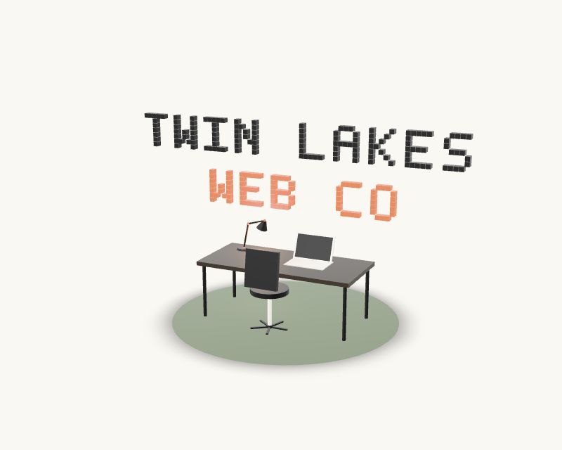 A miniature Twin Lakes Web Co. workspace with a desk, laptop, lamp, and chair beneath the company name.