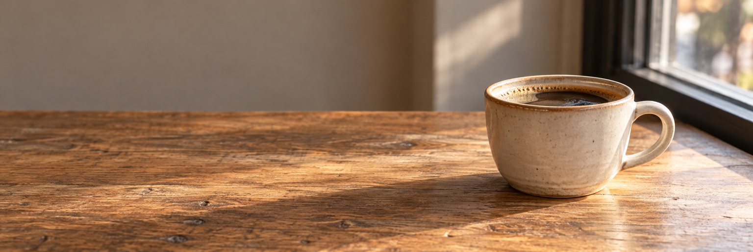 AI-generated coffee cup on a worn oak table beside a window, with warm light from the right and open space on the left for a headline.