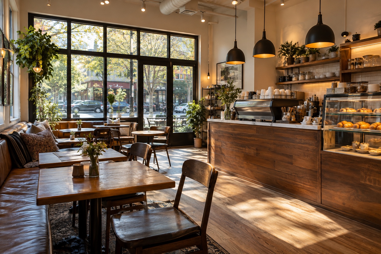 AI-generated coffee shop interior with wooden tables, large windows, and a warmly lit coffee counter.